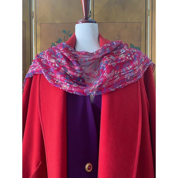 Vintage slim scarf in red muslin with floral pattern and gold threads - Picture 3 of 5